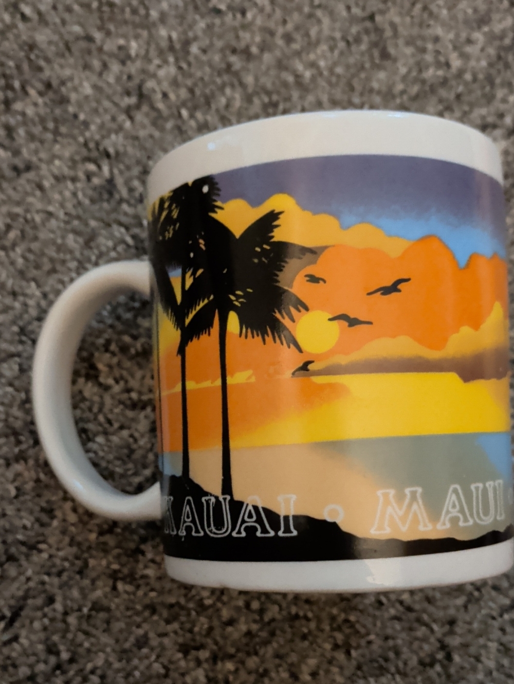 Kauai Maui Sunset Ceramic Coffee Mug - White with Orange and Yellow Design